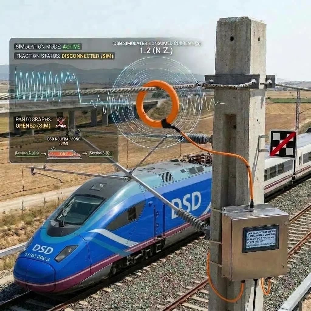 Bobina de Rogowski sobre un alimentador midiendo la corriente al paso de un tren, con la caja de digitalización instalada en el poste