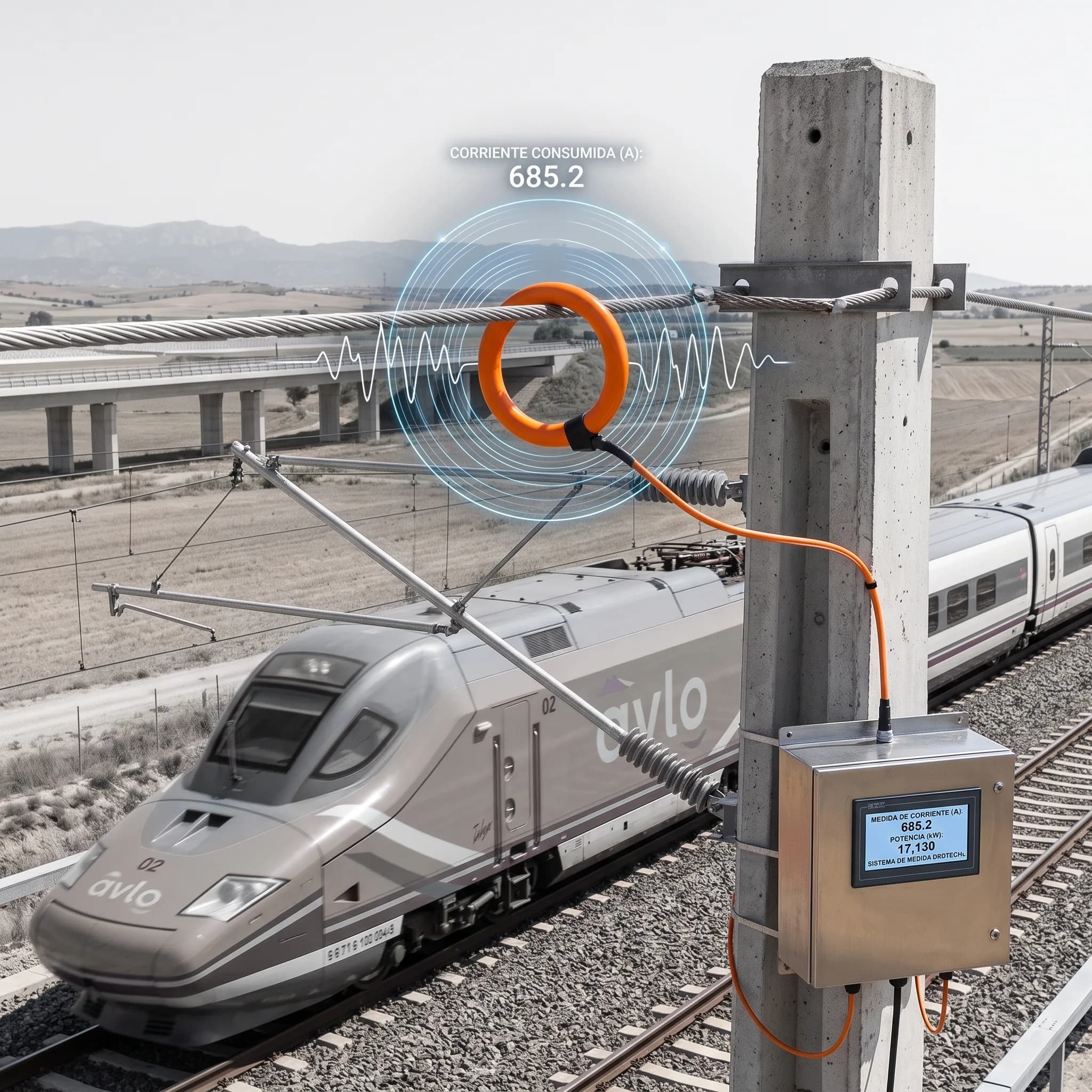 Bobina de Rogowski instalada en un alimentador de catenaria midiendo la corriente consumida al paso de un tren de alta velocidad