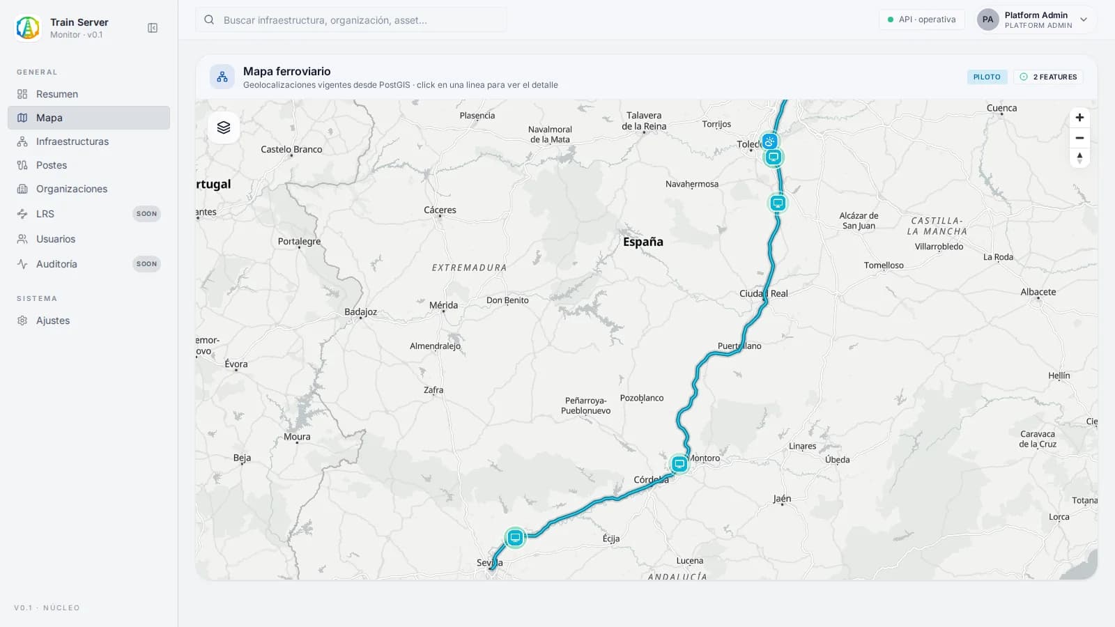 Mapa ferroviario de la plataforma con la línea de alta velocidad Madrid-Sevilla y los sistemas de medida geolocalizados sobre la península